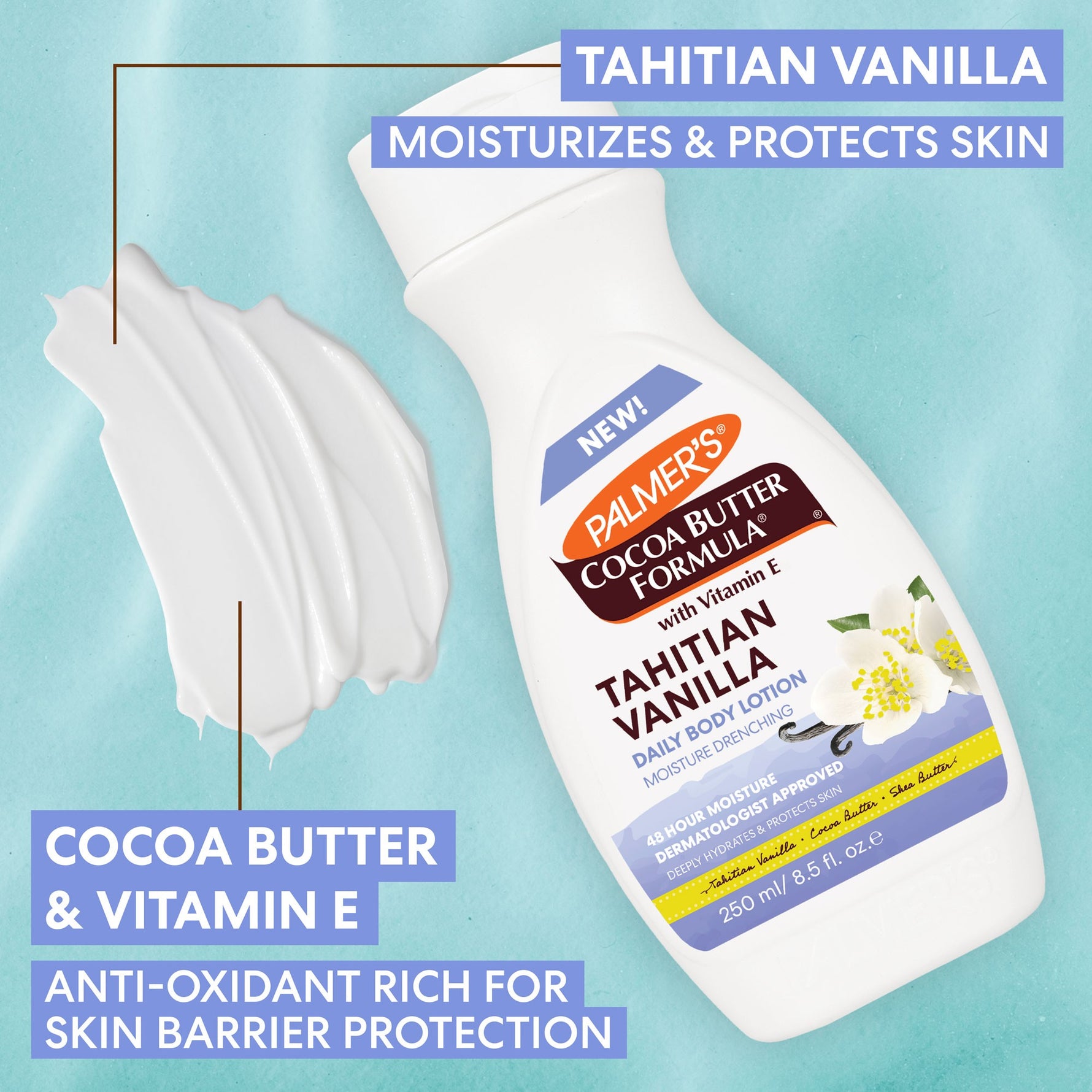 Tahitian Vanilla Moisture Drenching Body Lotion bottle with vanilla blossoms.