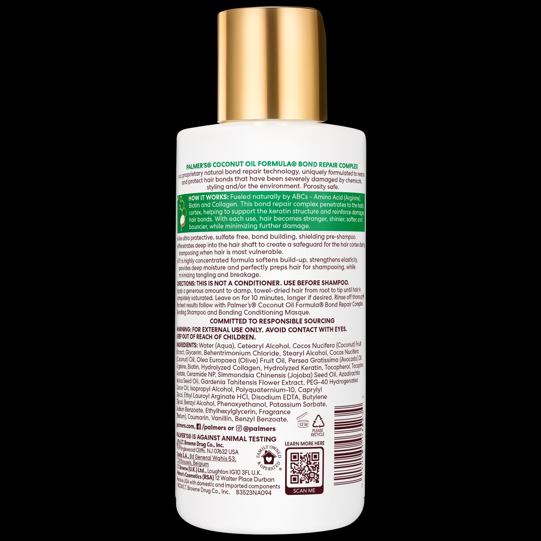 Bond Repair Complex Pre-Shampoo back label detailing usage, ingredients, and benefits.
