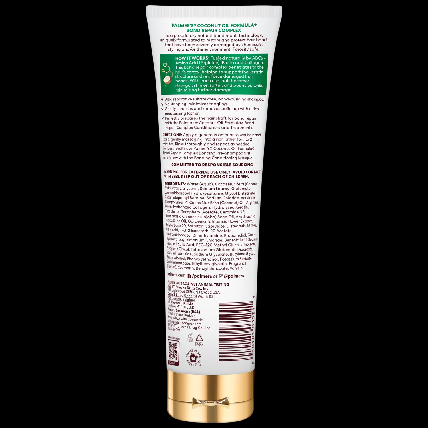 Back of Palmer’s Bond Repair Complex Shampoo tube with details.