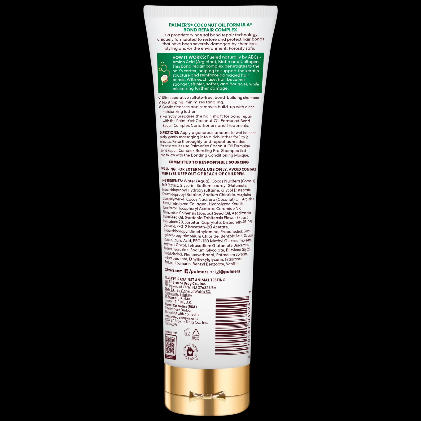 Back of Palmer’s Bond Repair Complex Shampoo tube with details.