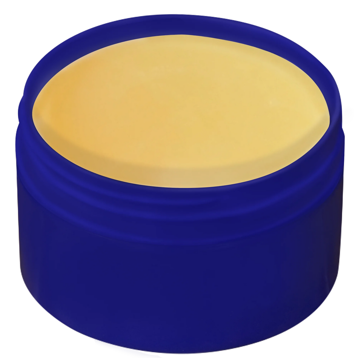 Blue container with cocoa butter balm inside on a white background