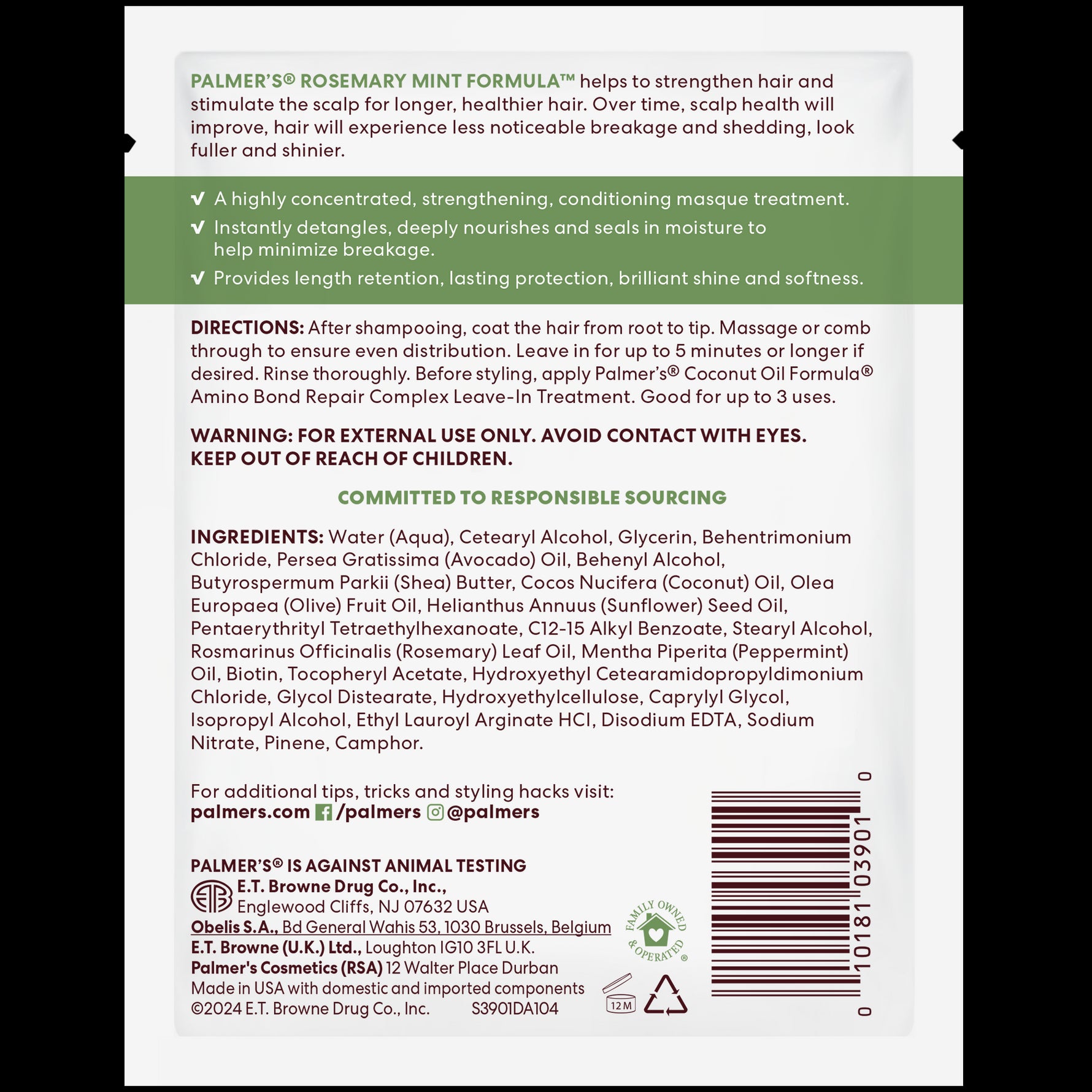 Palmer’s® Rosemary Mint Strengthening Pack sachet back panel with product details.