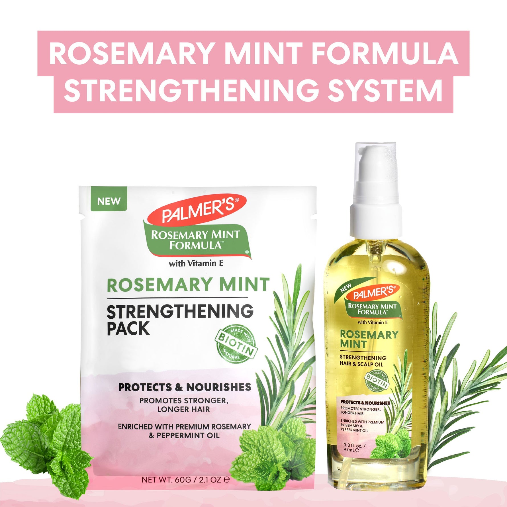 Palmer’s Rosemary Mint Strengthening Hair & Scalp Oil with sachet pack.