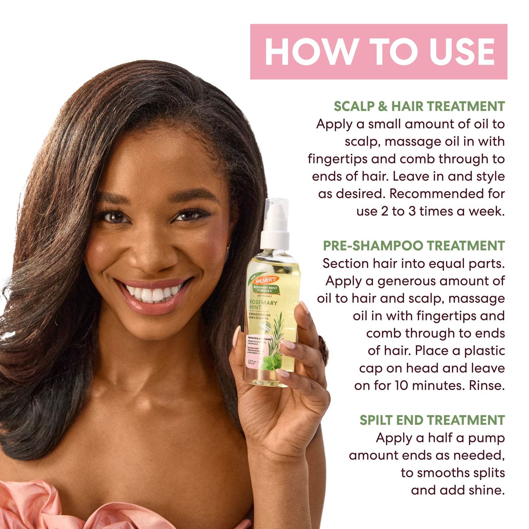 Woman holding Palmer’s Rosemary Mint Strengthening Hair & Scalp Oil bottle.