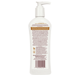 Back view of a white lotion bottle with text and a pump on a white background