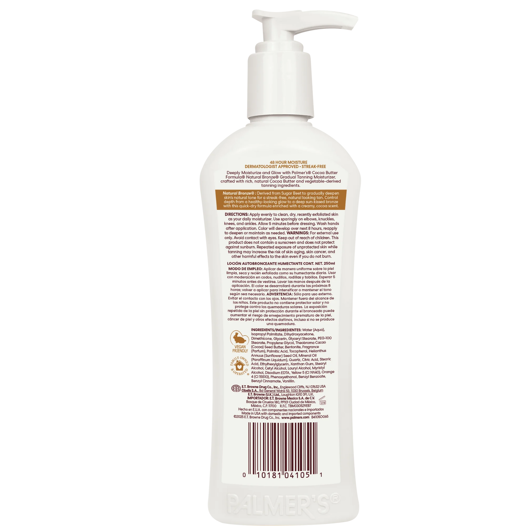 Back view of a white lotion bottle with text and a pump on a white background