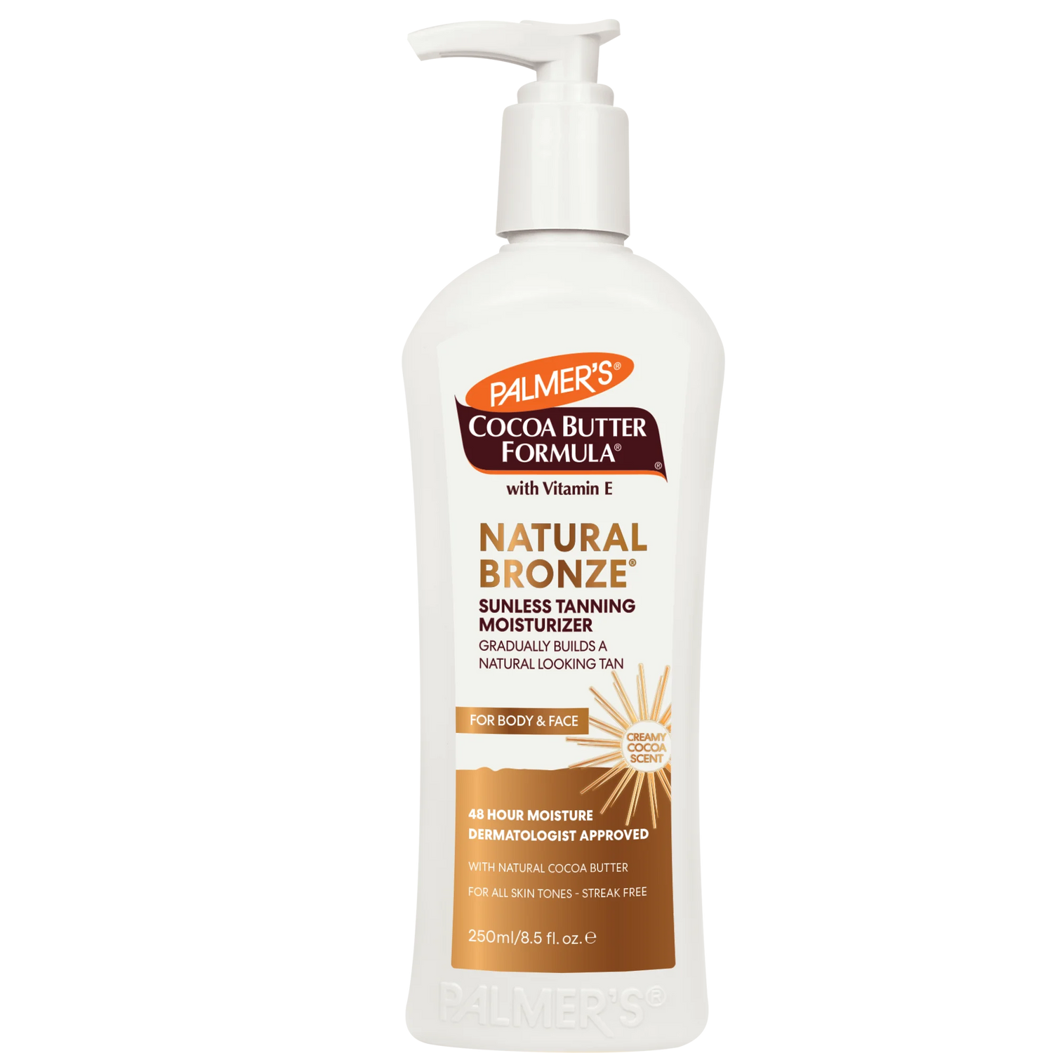 Palmer's Cocoa Butter Formula Natural Bronze sunless tanning moisturizer bottle on a white background