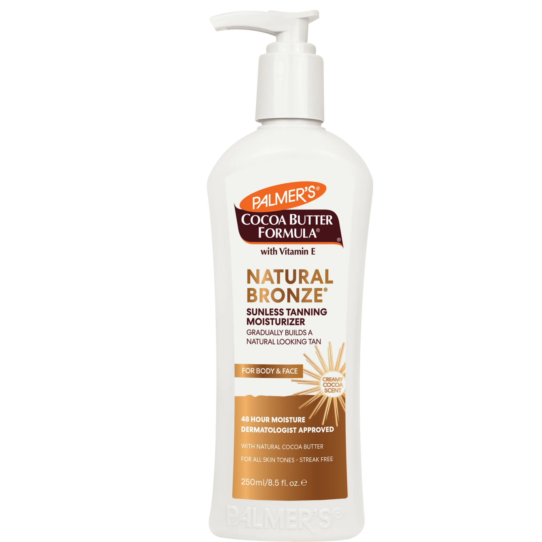 Palmer's Cocoa Butter Formula Natural Bronze sunless tanning moisturizer bottle on a white background