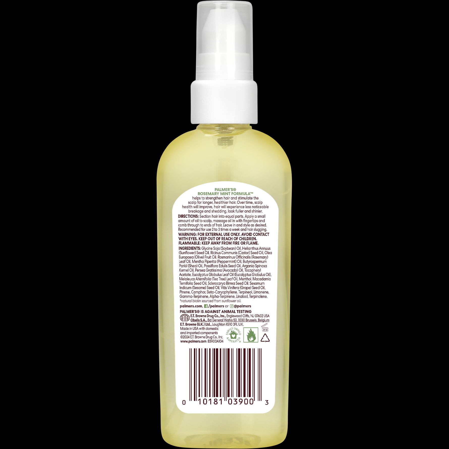 Rosemary Mint Strengthening Hair & Scalp Oil, clear bottle, detailed label.