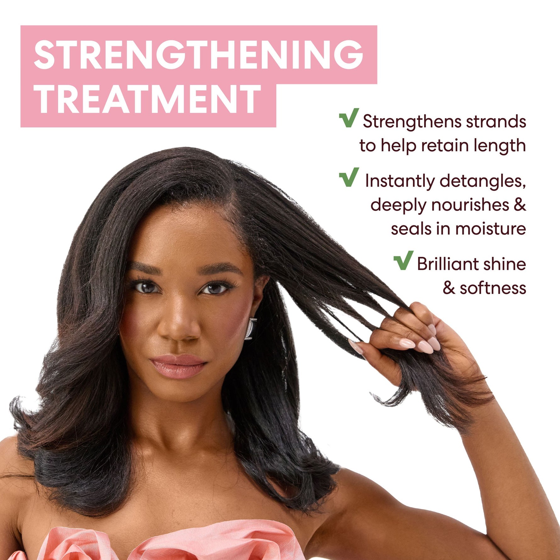 Woman showcasing smooth hair; Rosemary Mint Strengthening Pack benefits.