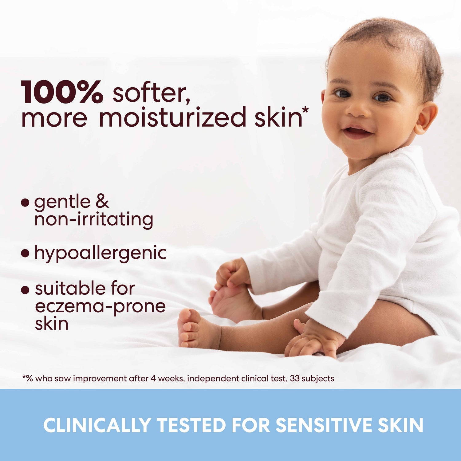 Infant with text: Cocoa Butter Baby Lotion - 100% softer skin.