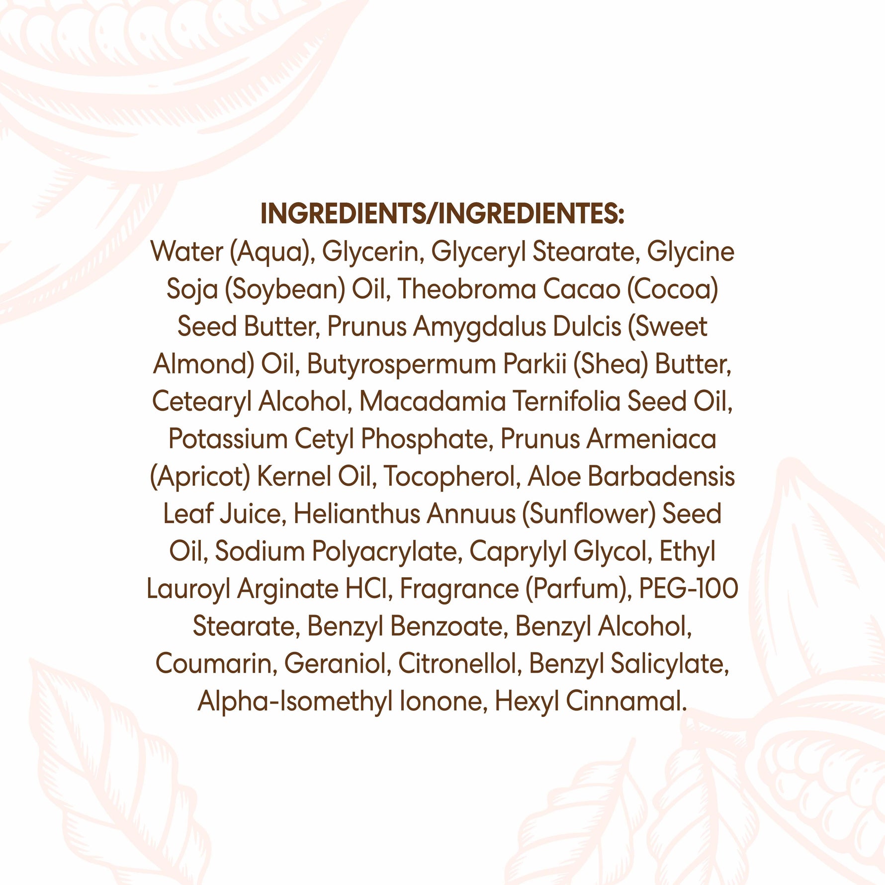 Cocoa Butter Baby Lotion ingredient panel in English and Spanish.