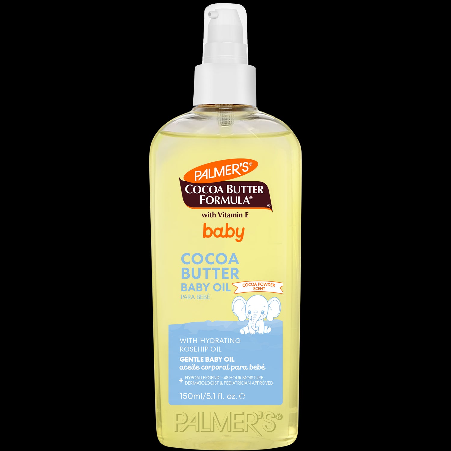 Palmer’s Cocoa Butter Baby Oil bottle with pump top and elephant label.