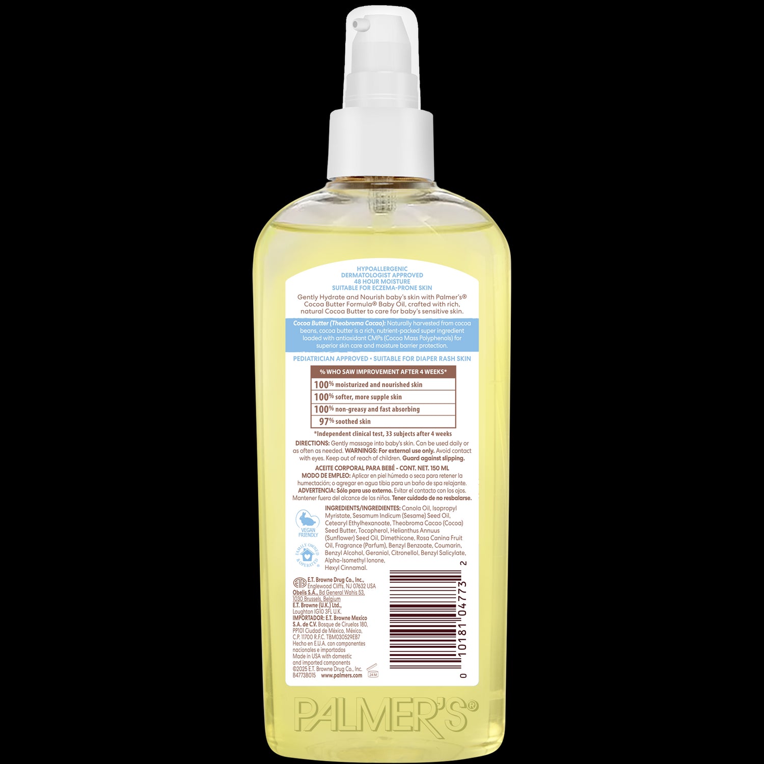 Palmer's Cocoa Butter Baby Oil in clear pump-top bottle.