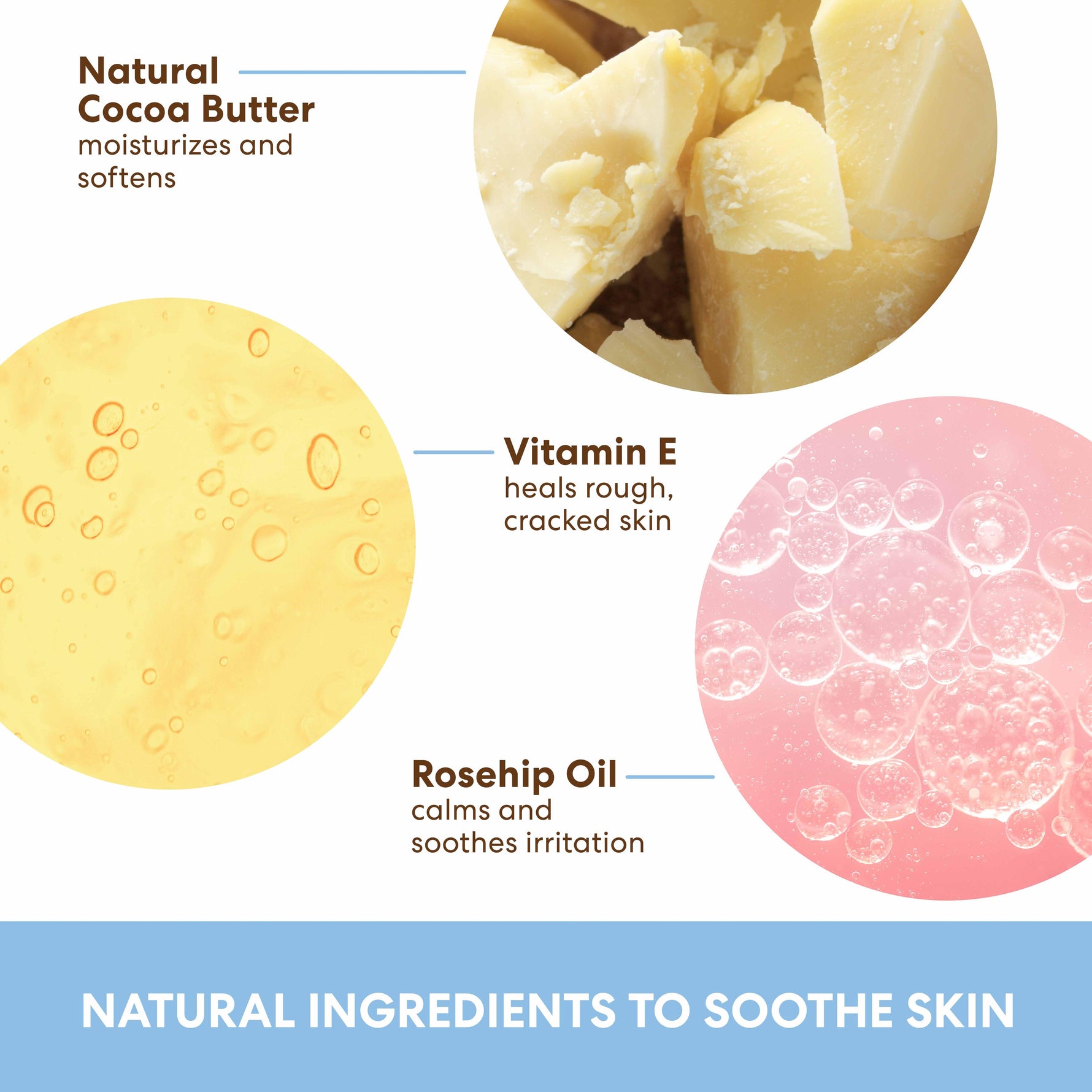 Cocoa Butter Baby Oil ingredients: cocoa butter, vitamin E, rosehip oil.