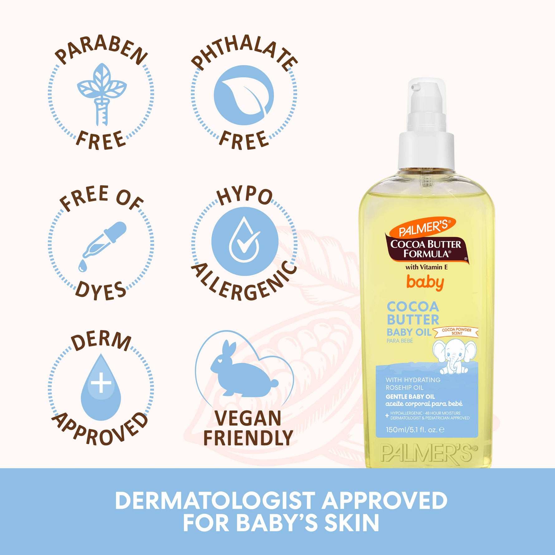 Palmer's Cocoa Butter Baby Oil with vitamin E, hypoallergenic.