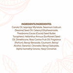Cocoa Butter Baby Oil ingredients label, highlighting moisturizing benefits.