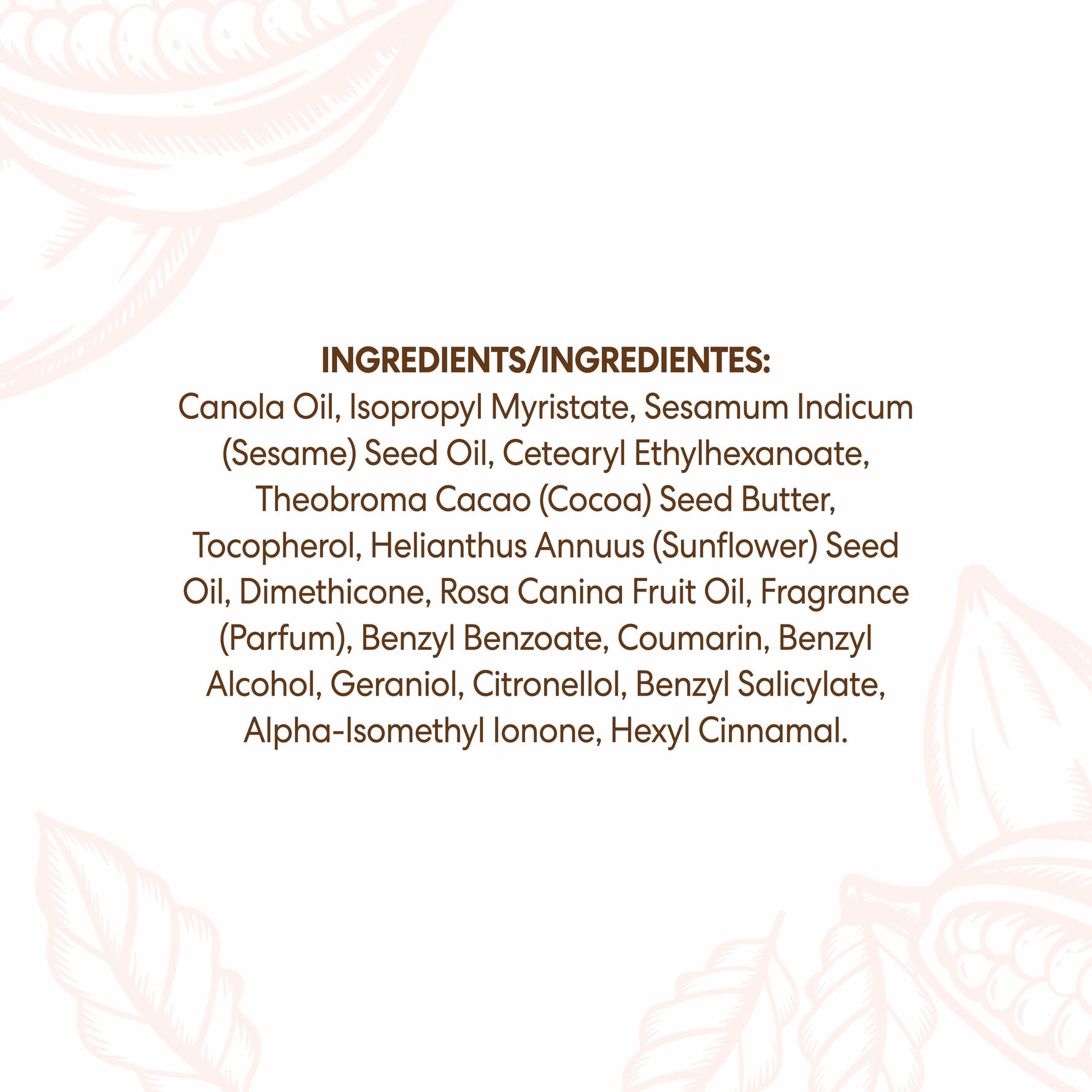 Cocoa Butter Baby Oil ingredients label, highlighting moisturizing benefits.