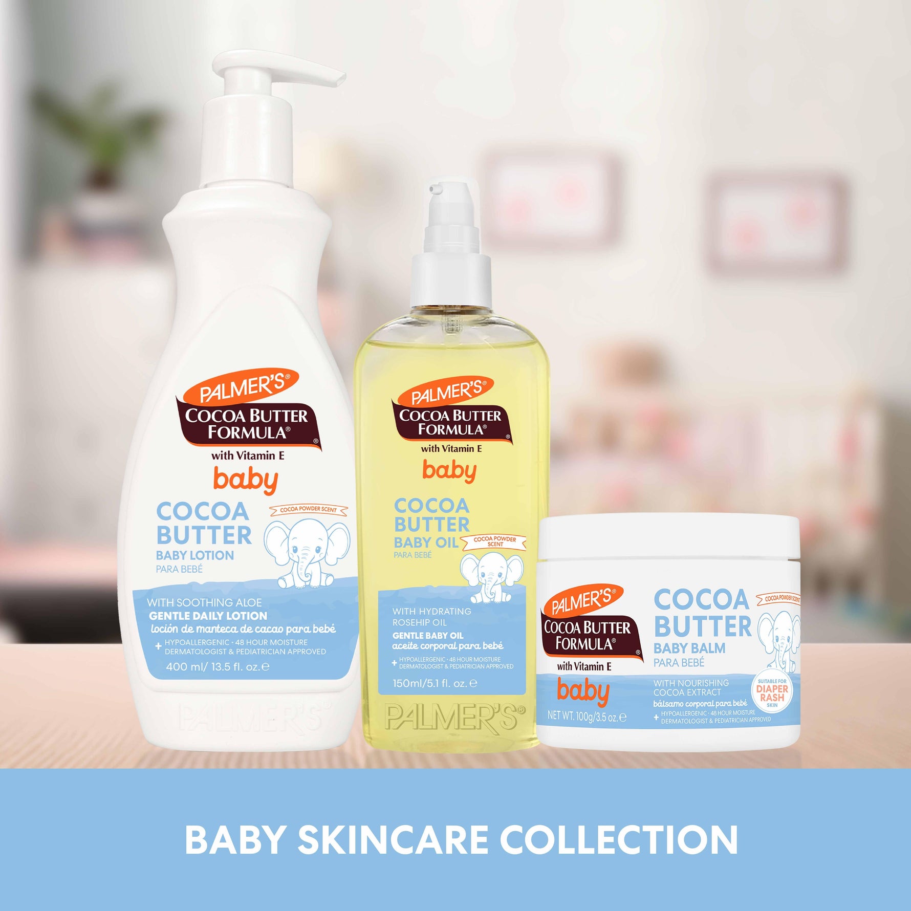 Cocoa Butter Baby Oil in 150 ml pump bottle.