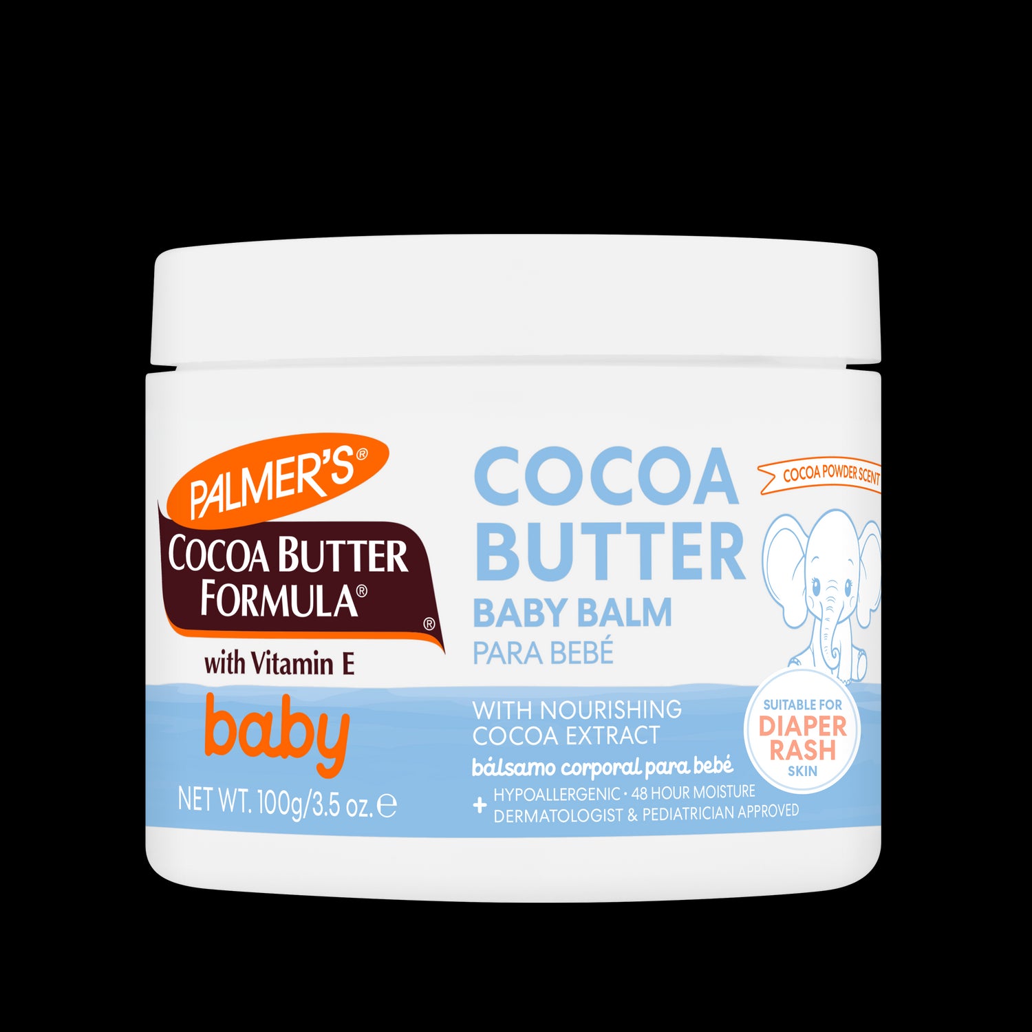 Cocoa Butter Baby Balm jar with 48-hour moisture label.