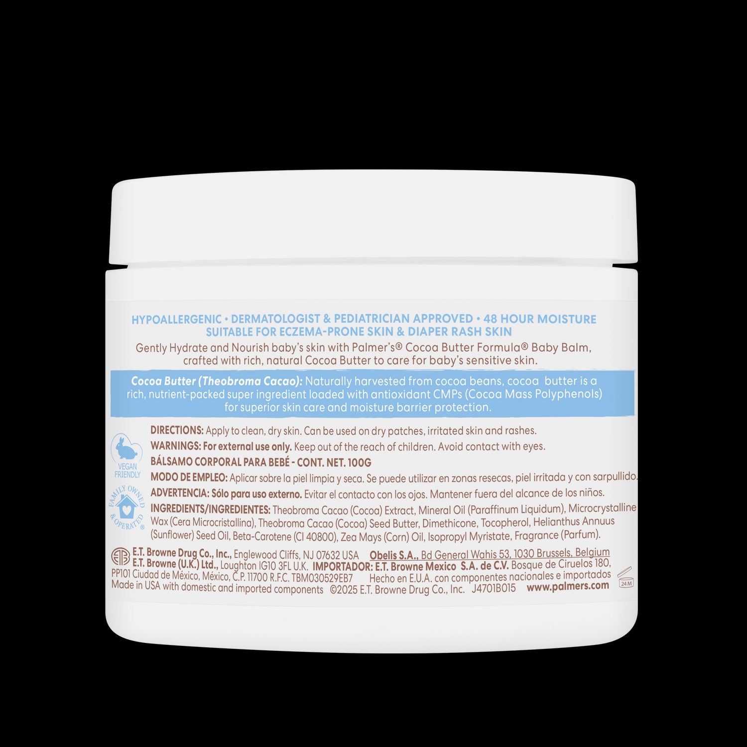 Palmer’s Cocoa Butter Baby Balm back label detailing benefits and ingredients.