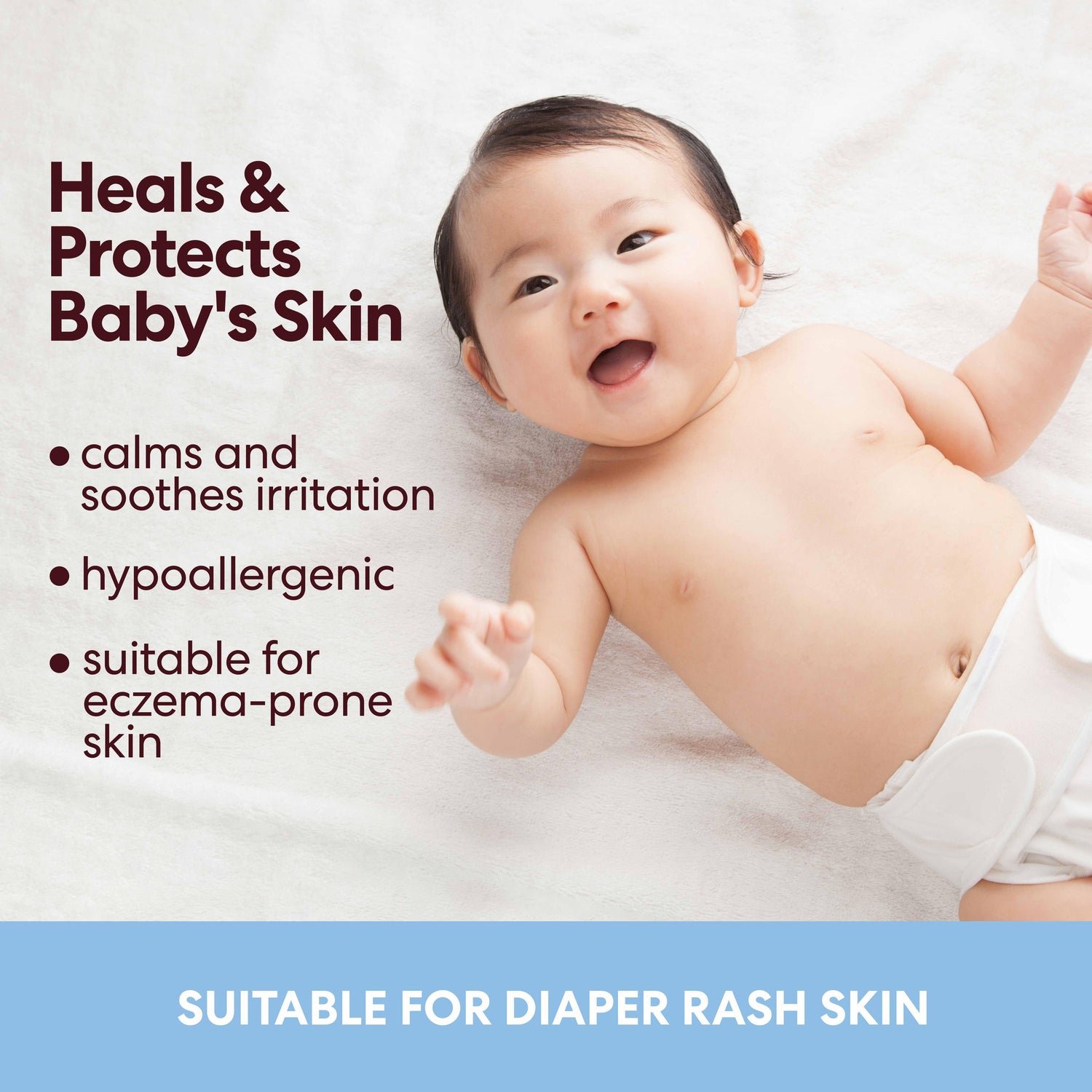 Cocoa Butter Baby Balm ad with happy infant, healing properties listed.