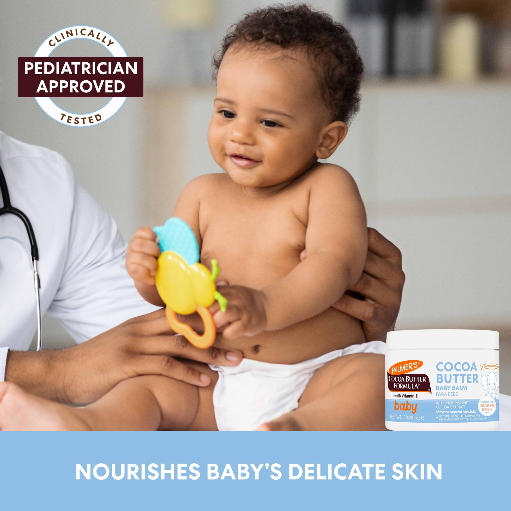 Infant with Cocoa Butter Baby Balm, clinically tested and approved.