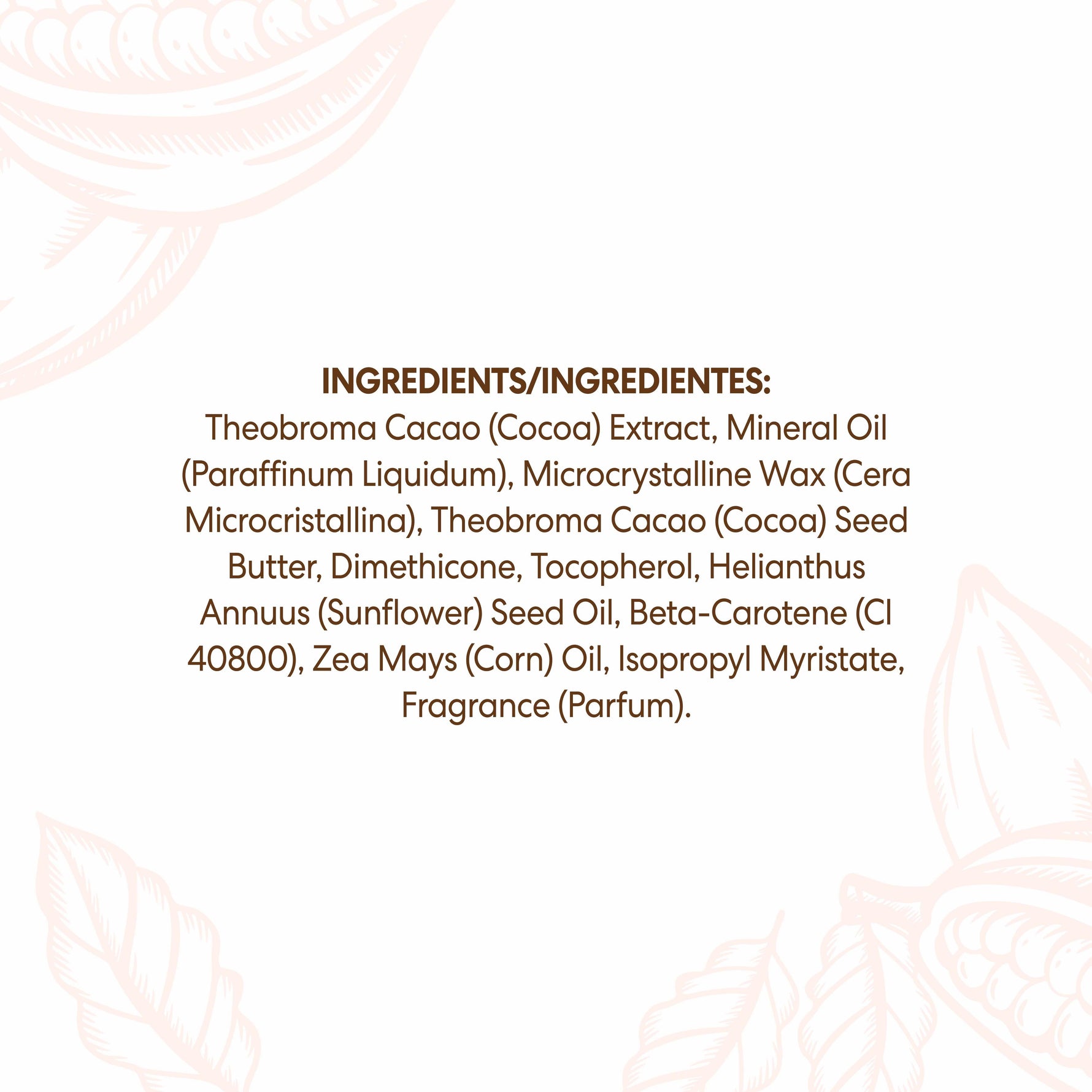 Cocoa Butter Baby Balm ingredients list in English and Spanish.