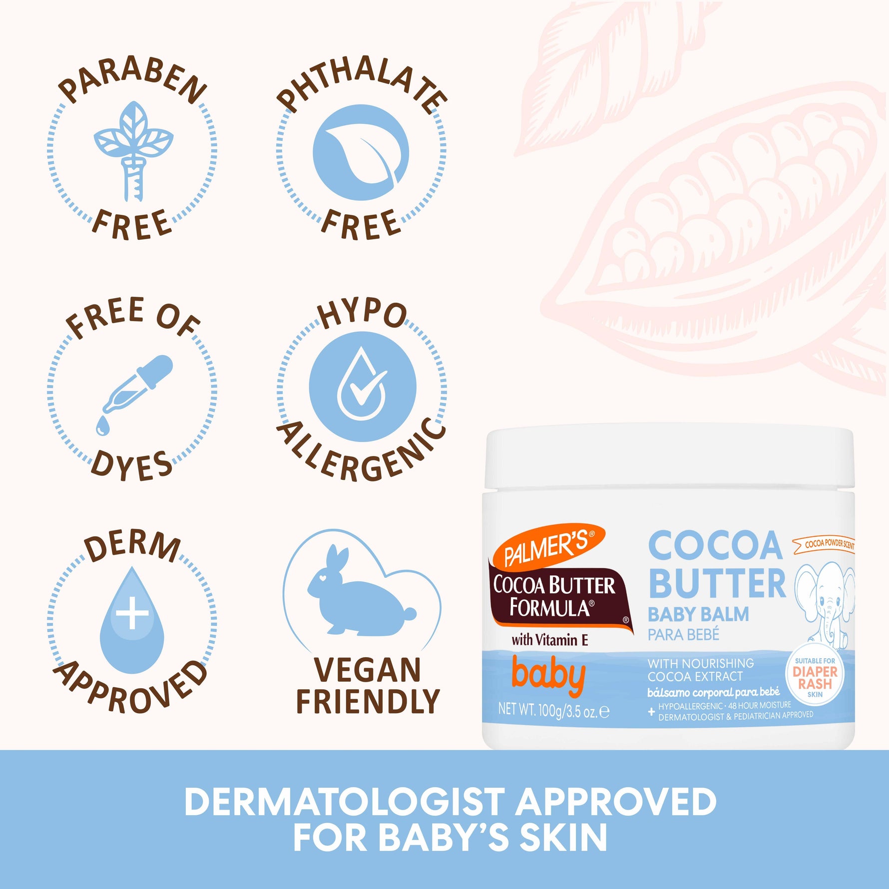 Palmer’s Cocoa Butter Baby Balm, 100g, paraben-free, dermatologist approved.