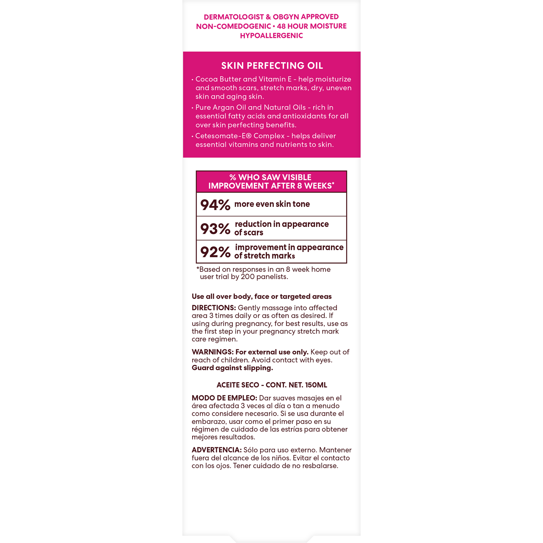 Product label for a skin perfecting oil with text and percentages on a white background