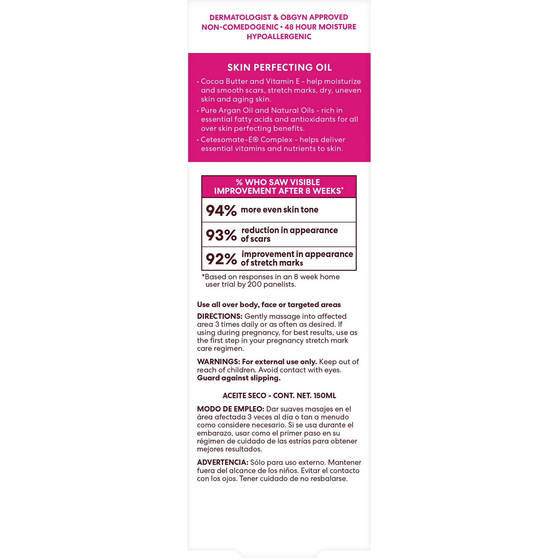 Product label for a skin perfecting oil with text and percentages on a white background