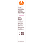 Product label with text and a QR code on a white background