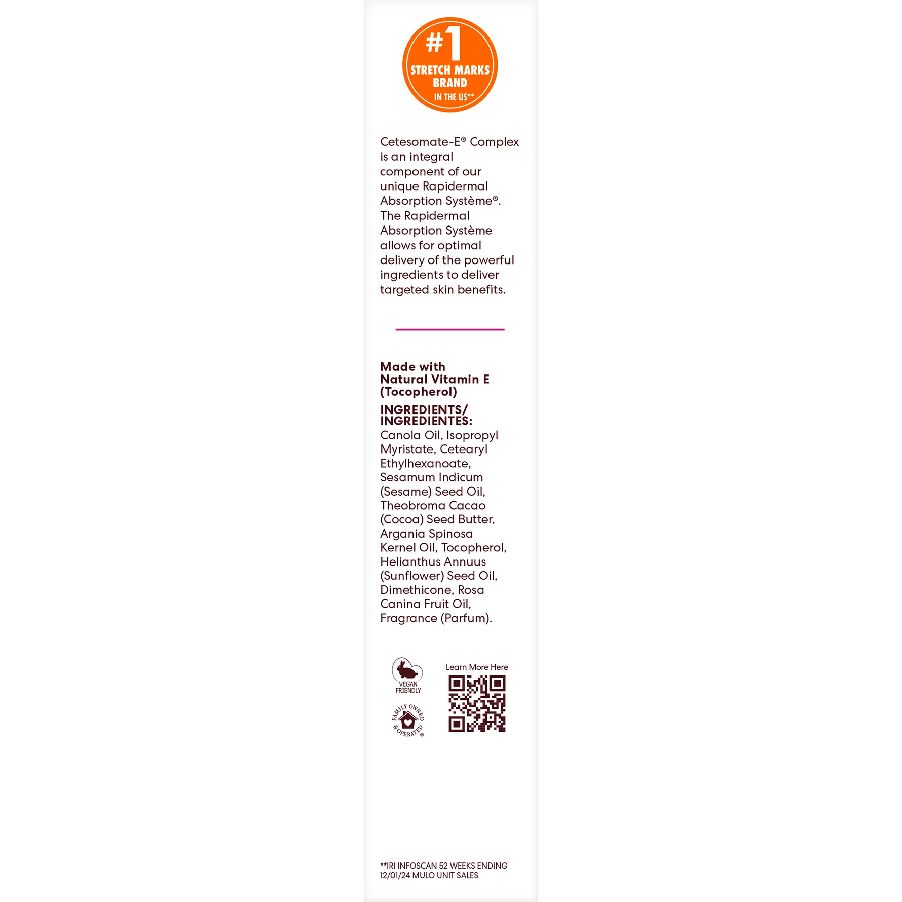 Product label with text and a QR code on a white background