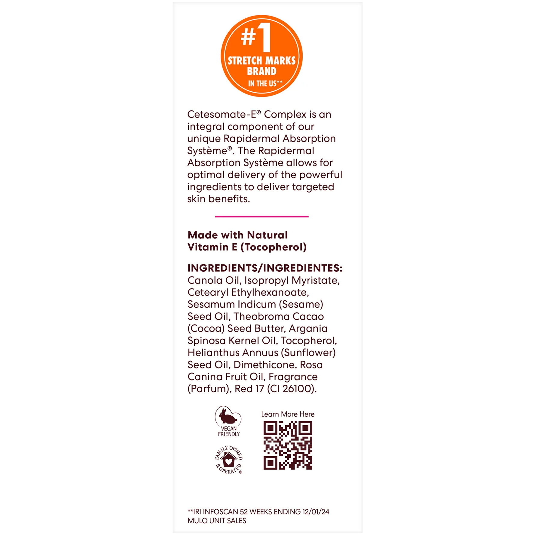 Product label with ingredients list and branding information on a white background