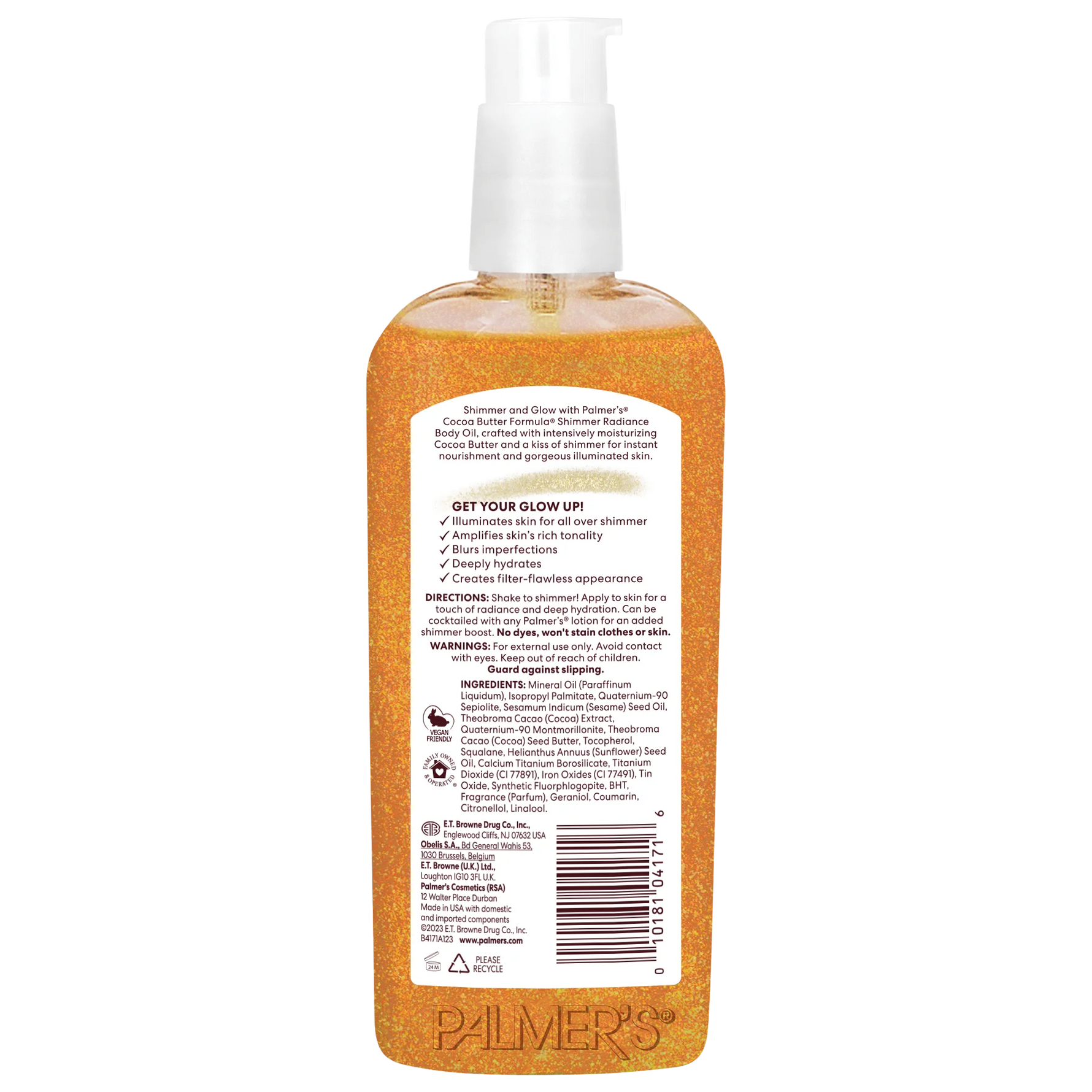 Orange bottle of Palmer's body oil with label on a white background