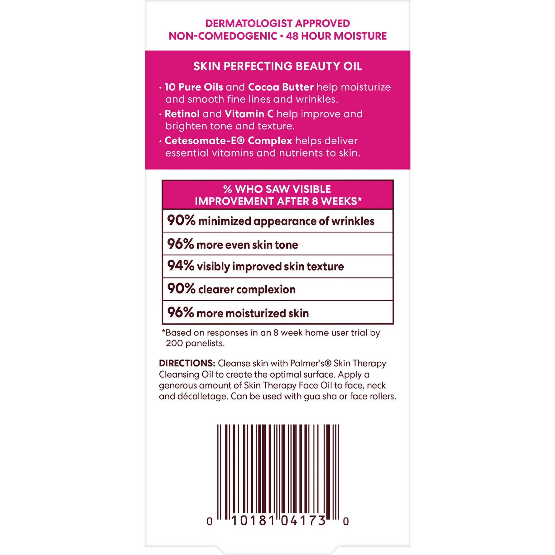 Back of a skincare product packaging with text and a barcode on a white background