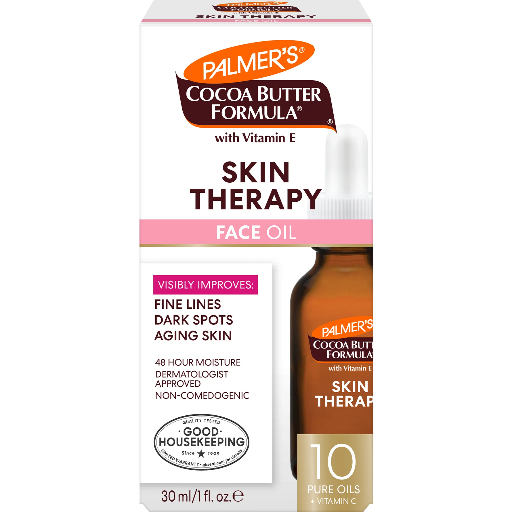 Palmer's Cocoa Butter Formula skin therapy face oil packaging on a white background