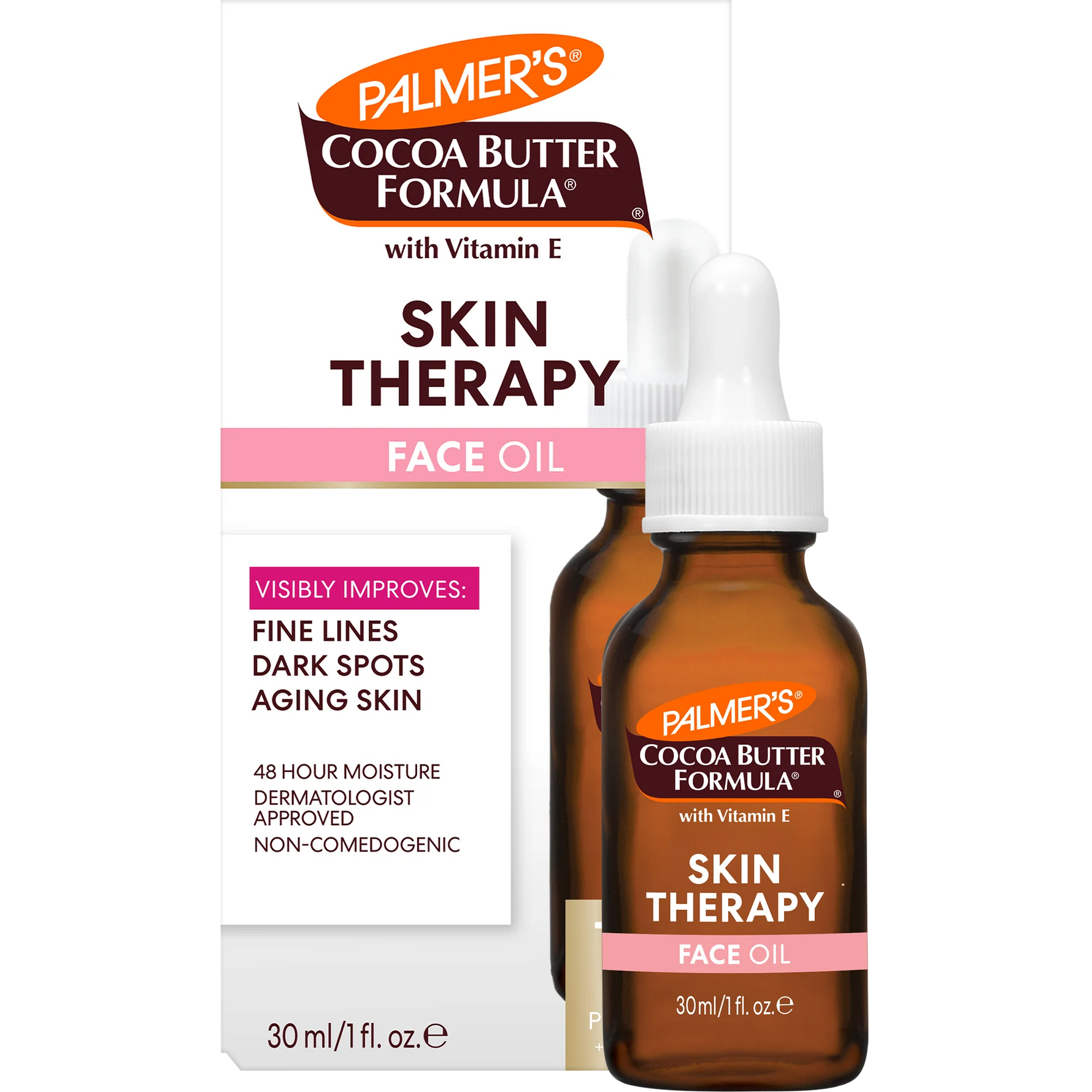 Palmer's Cocoa Butter Formula Skin Therapy Face Oil 30ml bottle shown next to its white retail box on a plain white background.