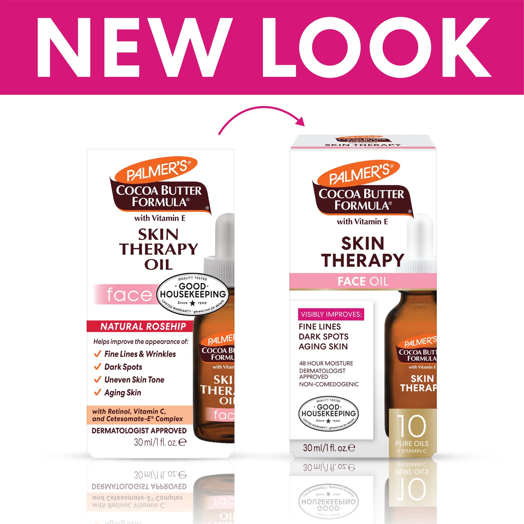 Palmer's Cocoa Butter Formula Skin Therapy Oil packaging with 'New Look' text on a pink background