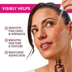 Woman applying Palmer's Skin Therapy Face Oil with text highlighting benefits on a white background