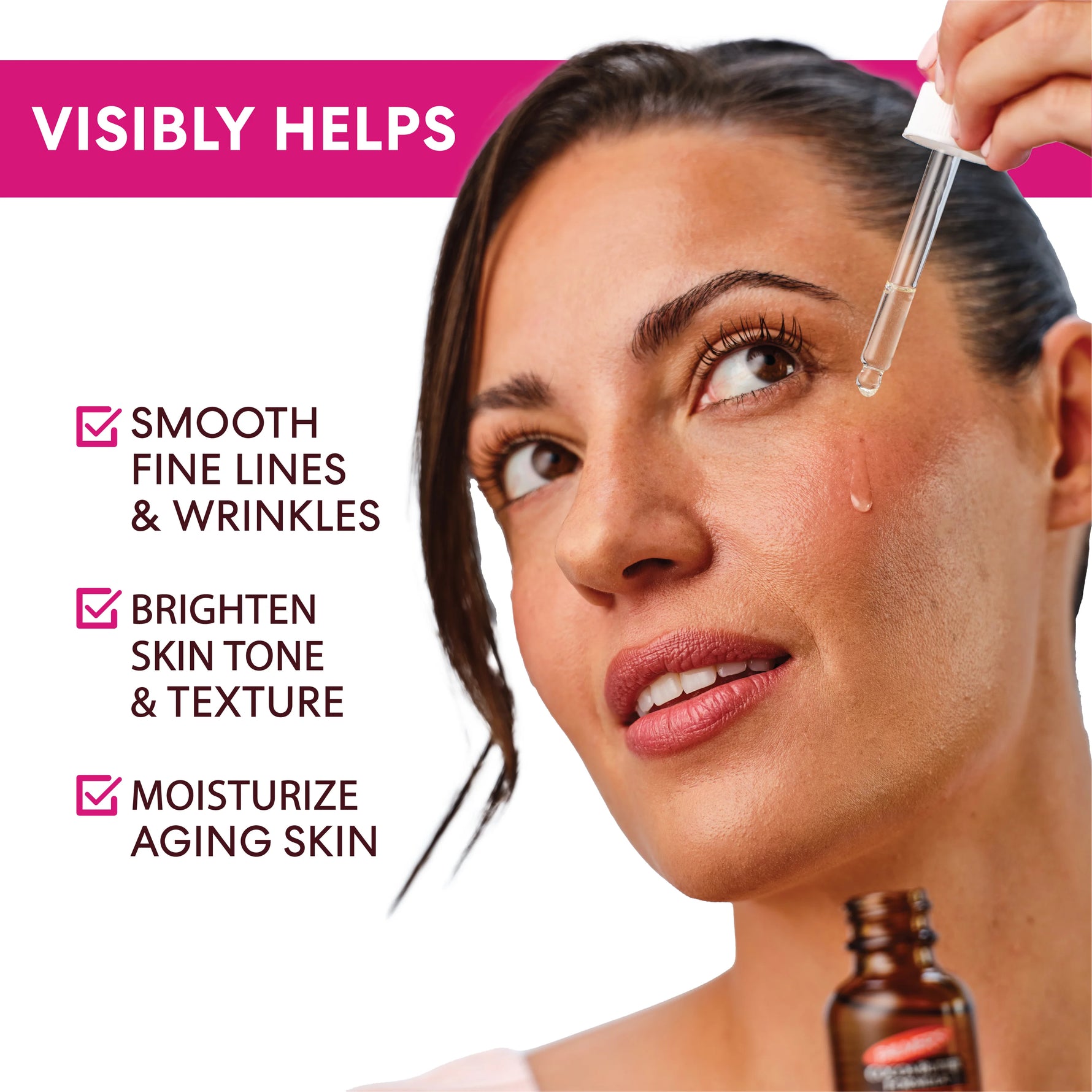 Woman applying Palmer's Skin Therapy Face Oil with text highlighting benefits on a white background