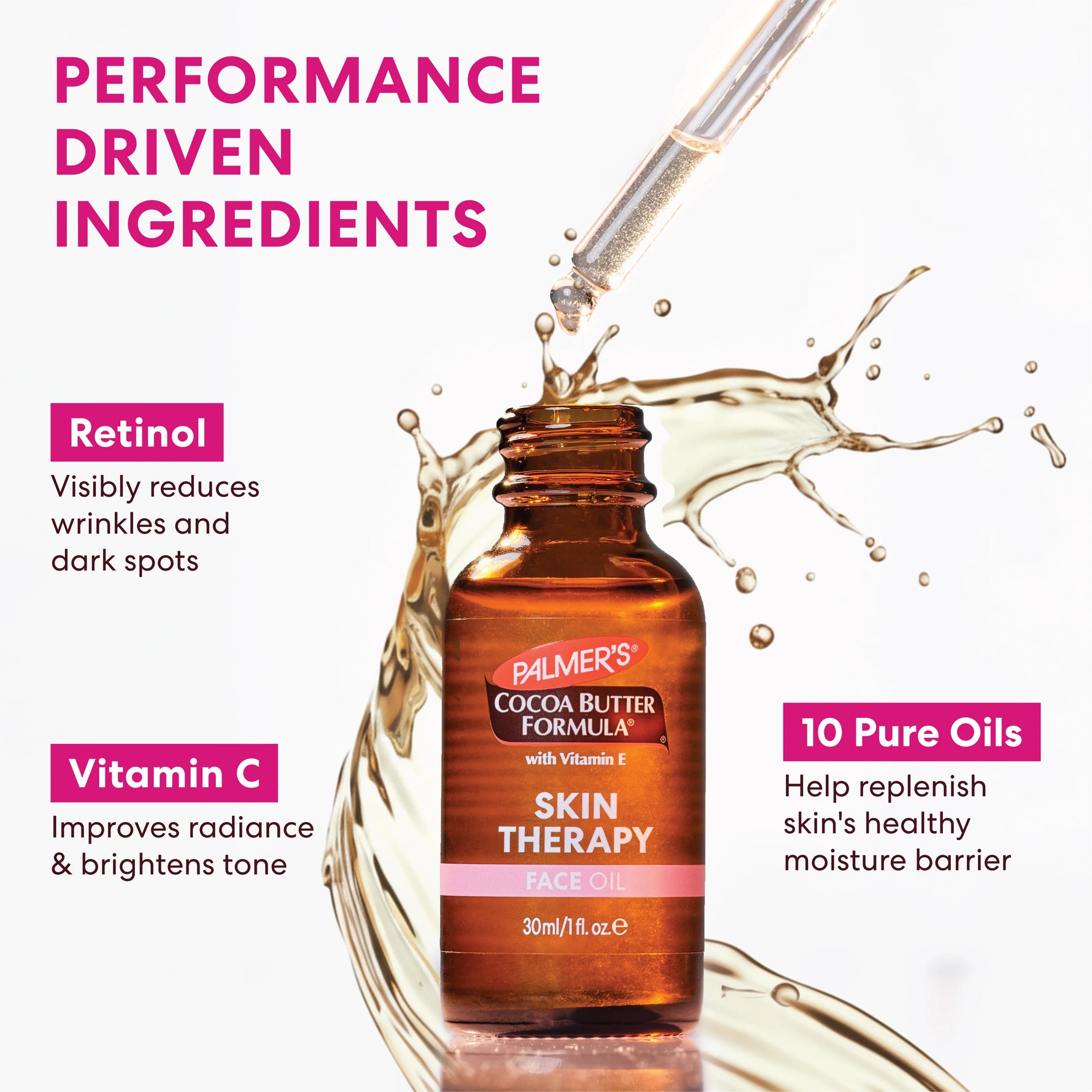  Palmer's Cocoa Butter Formula skin therapy oil with dropper and performance-driven ingredients text.