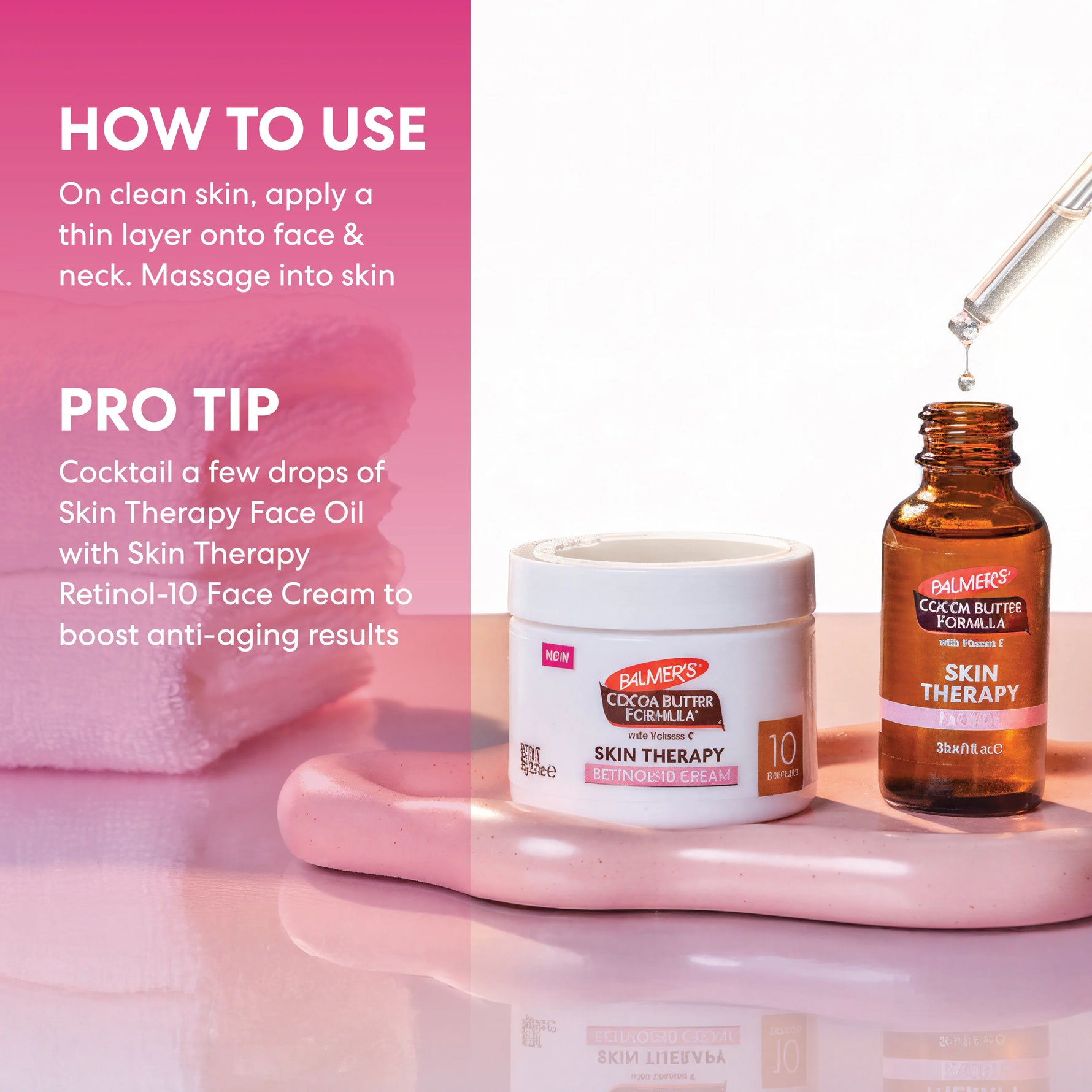 Palmer's Skin Therapy Face Oil and Cream with dropper on a pink background