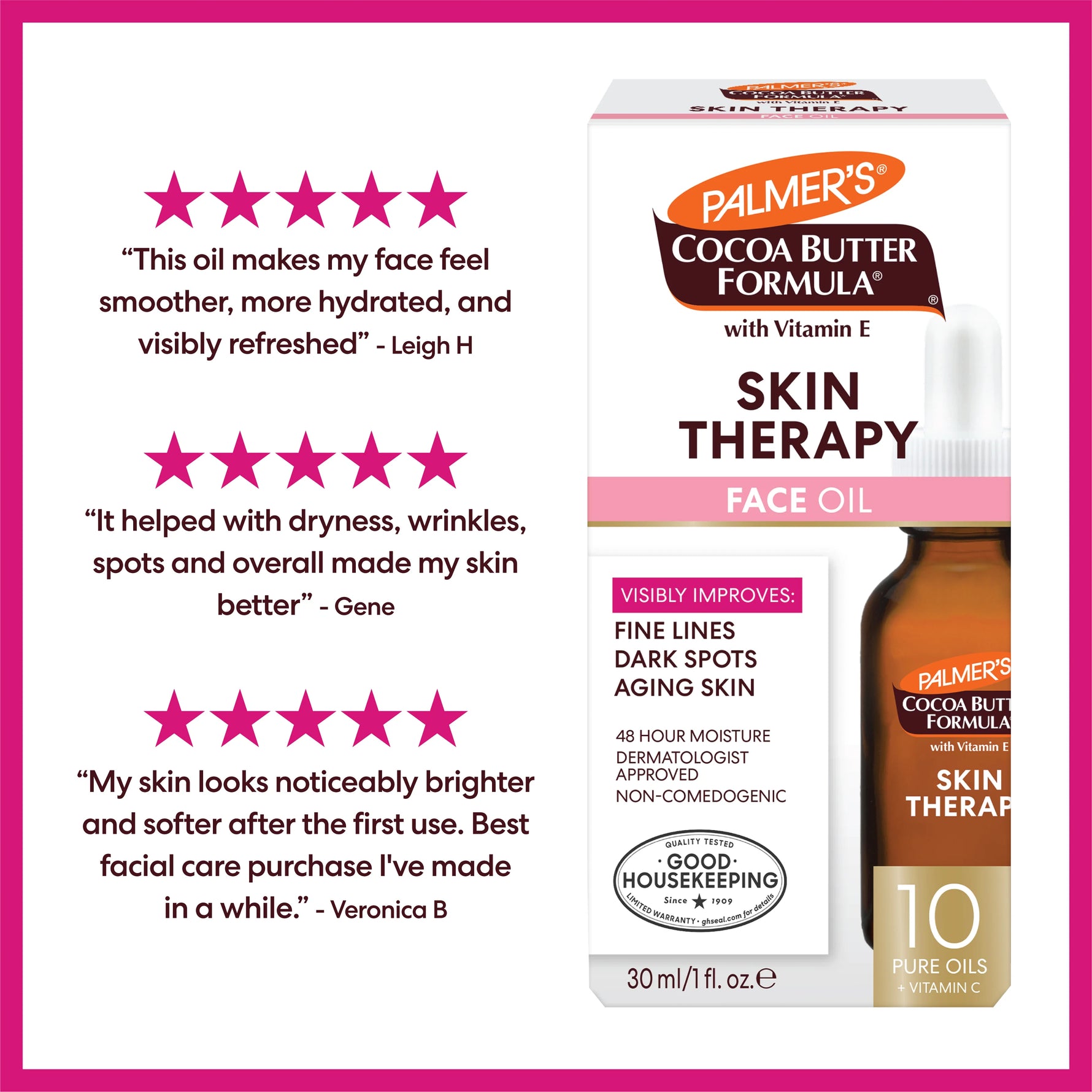 Palmer's Cocoa Butter Formula Skin Therapy Face Oil packaging with customer testimonials on a white background.