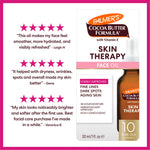 Palmer's Cocoa Butter Formula Skin Therapy Face Oil packaging shown next to three customer testimonials with pink stars on a white background with a pink border.
