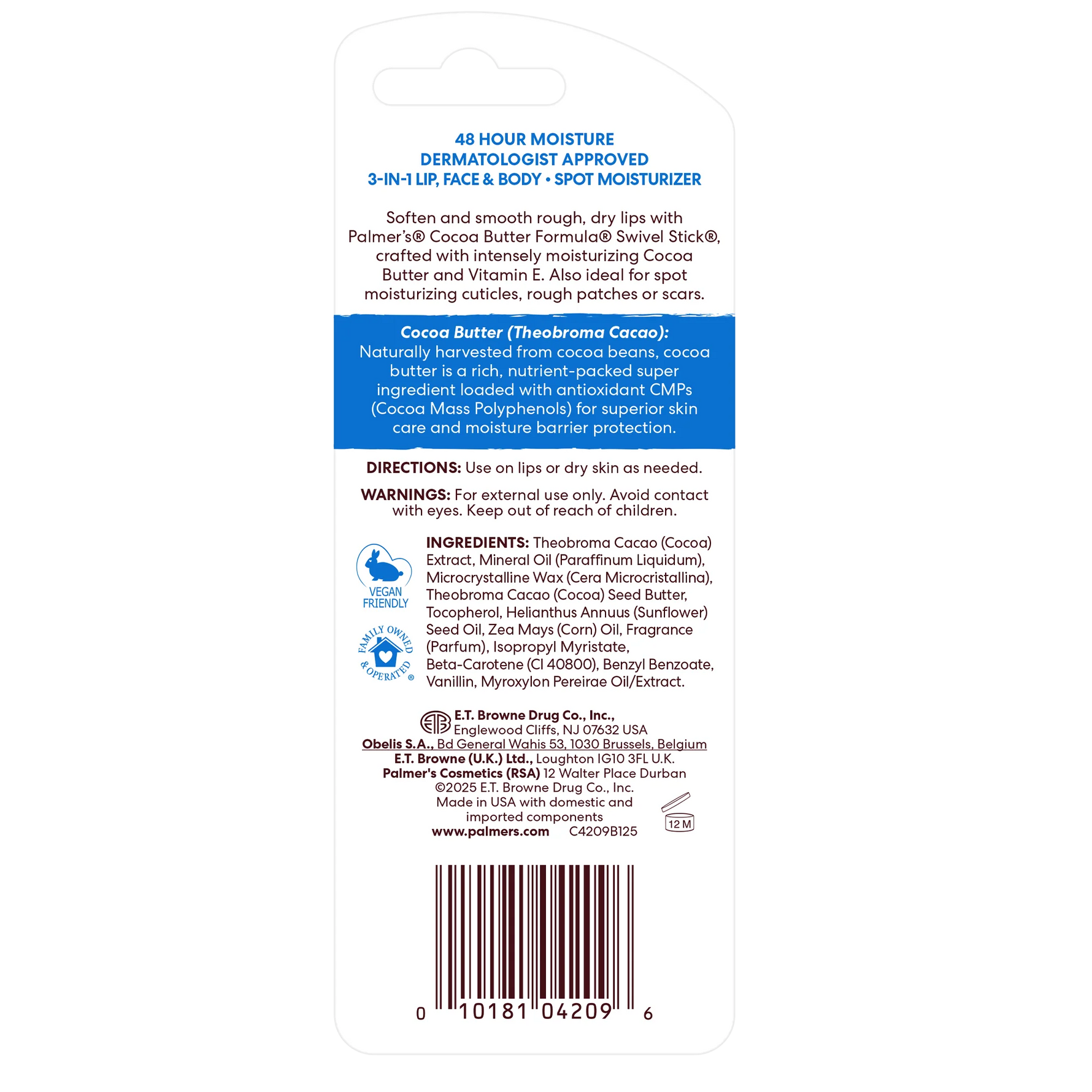 Back of a Palmer's Cocoa Butter Formula Swivel Stick Twin Pack product packaging with text and ingredients list.