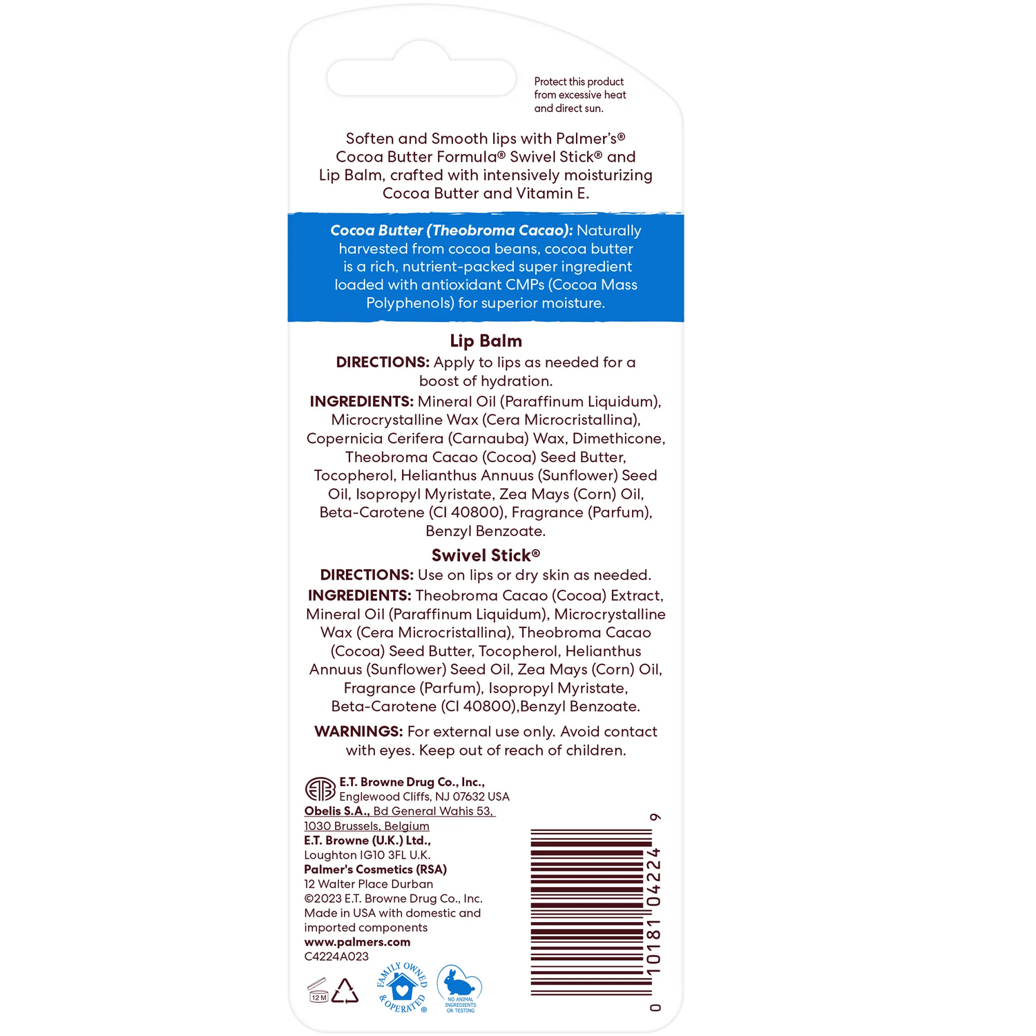 Back of a lip balm packaging with text and ingredients listed.