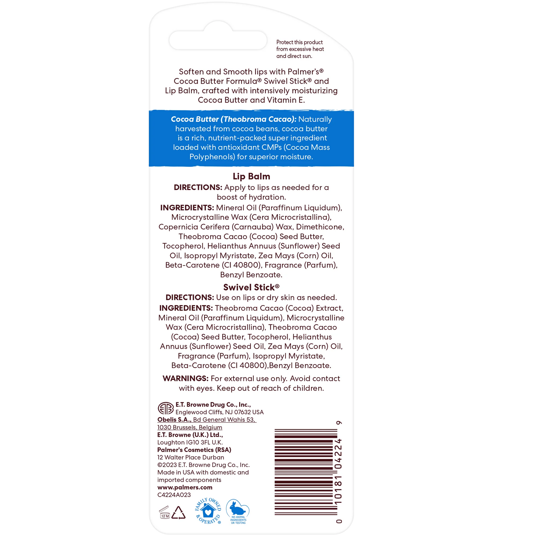 Back of a lip balm packaging with text and ingredients listed.