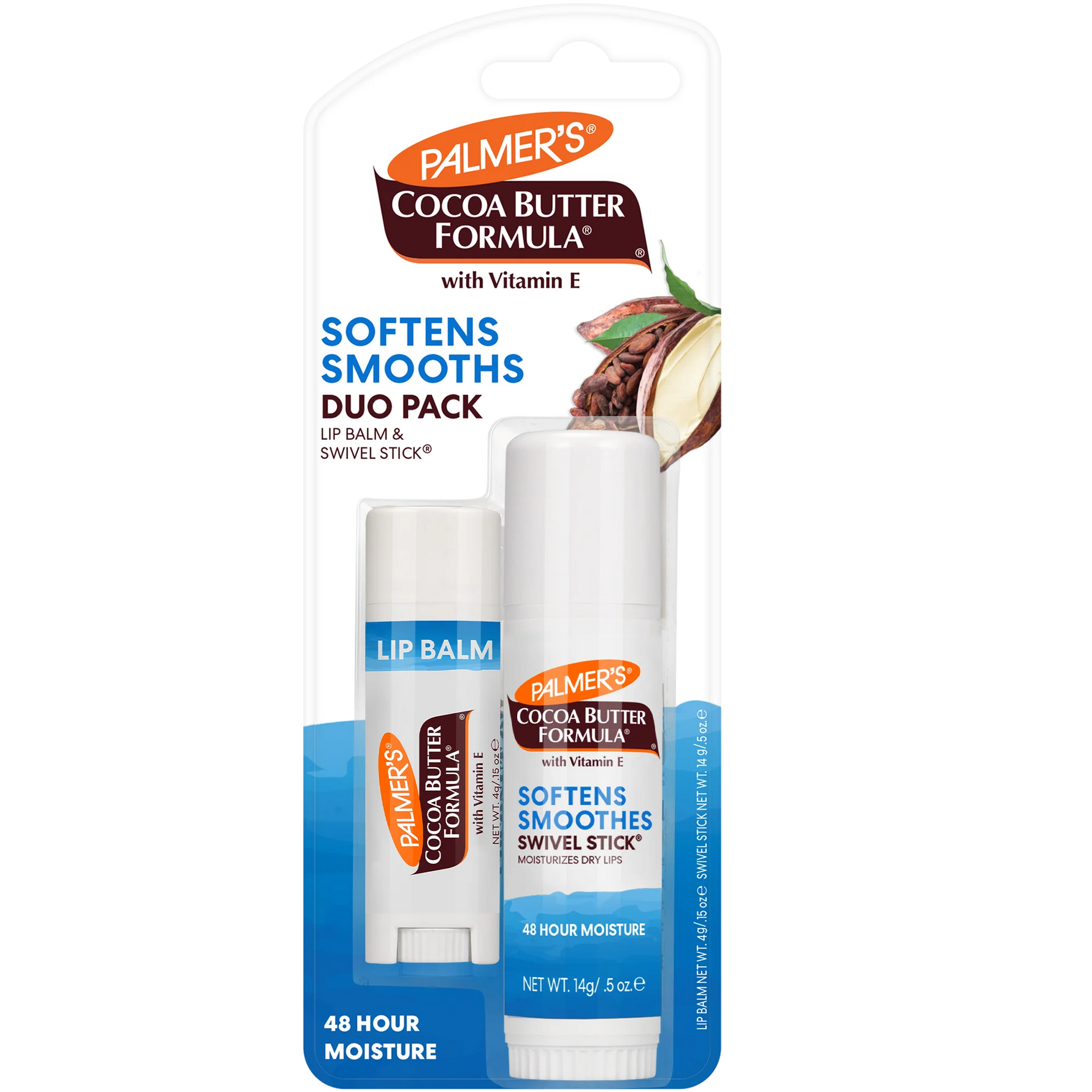 Palmer's Cocoa Butter Formula lip balm and swivel stick duo pack on a white background