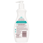 Back view of a white bottle with text and a pump on a white background